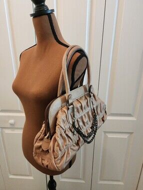 ANDALOSSI Taupe Brown Ruched Leather Satchel Frame Bag Velvet Lined PRISTINE